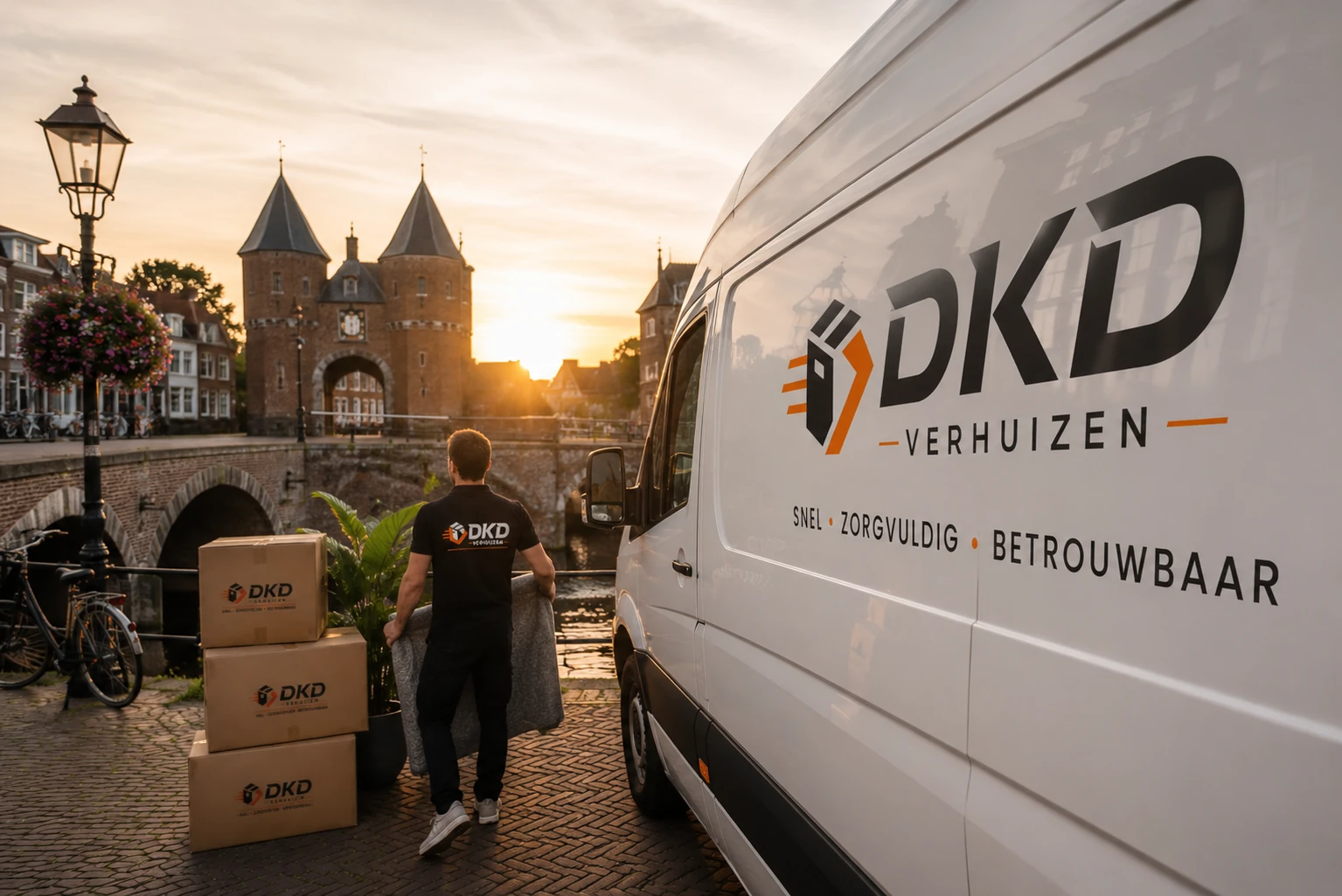 DKD Verhuizen verhuiswagen tijdens verhuizing in Amersfoort bij zonsondergang