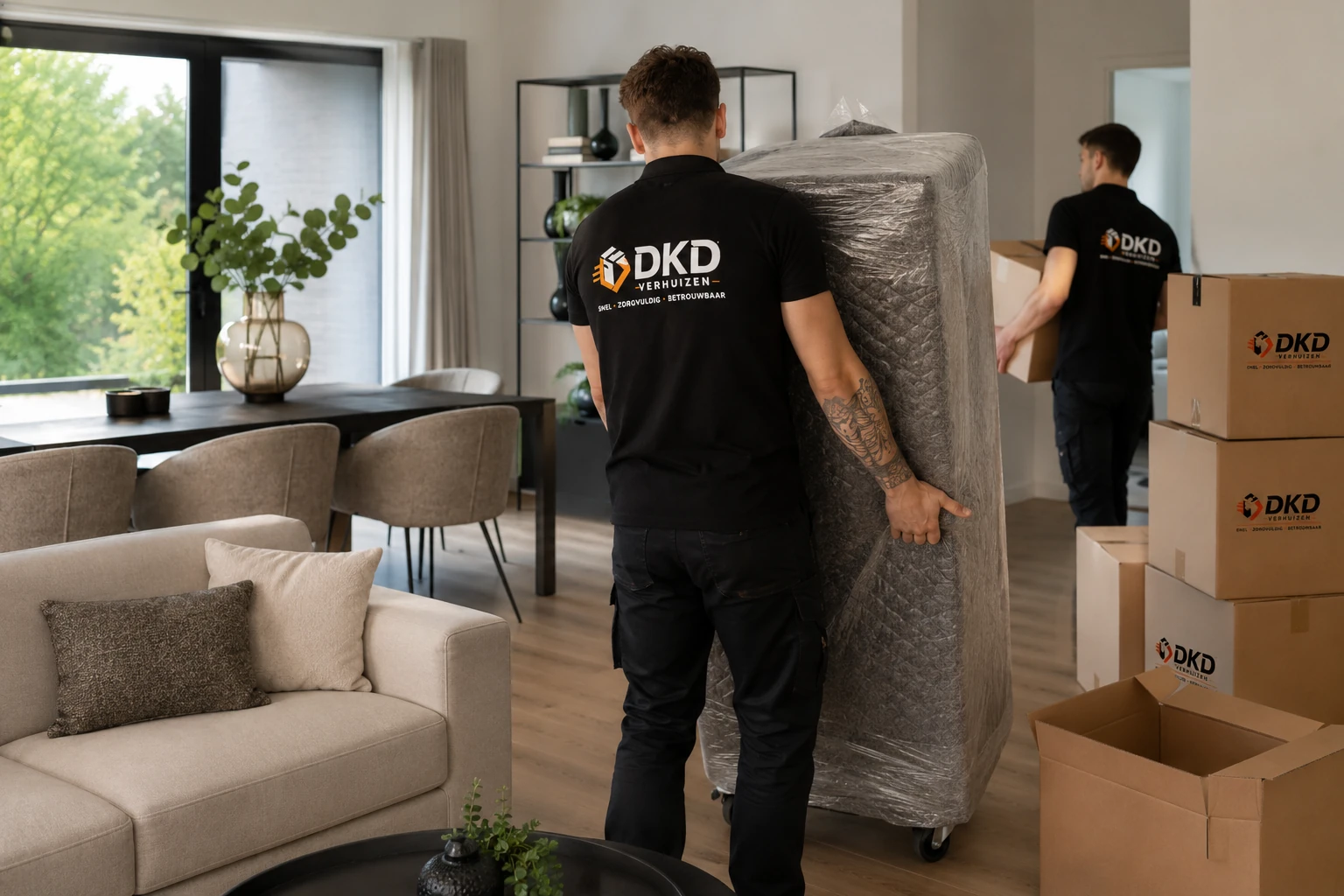 DKD Verhuizen verhuizers dragen meubels tijdens verhuizing in moderne woning in Amstelveen