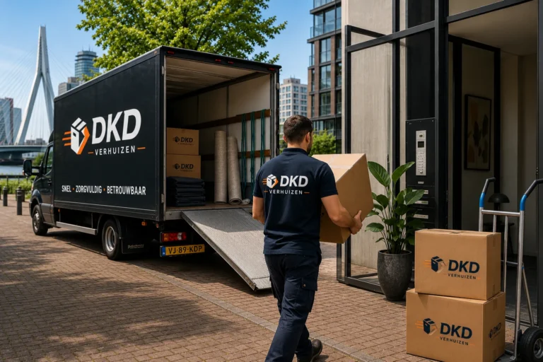 DKD Verhuizen verhuisbedrijf Rotterdam met verhuizer en verhuiswagen bij appartement